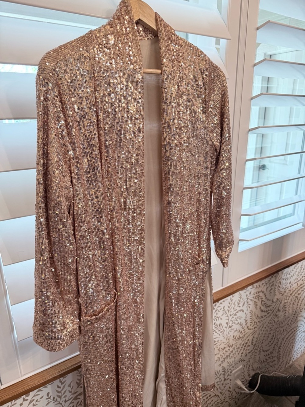 Anthropologie BB Dakota Rose Gold Sequin Duster Coat